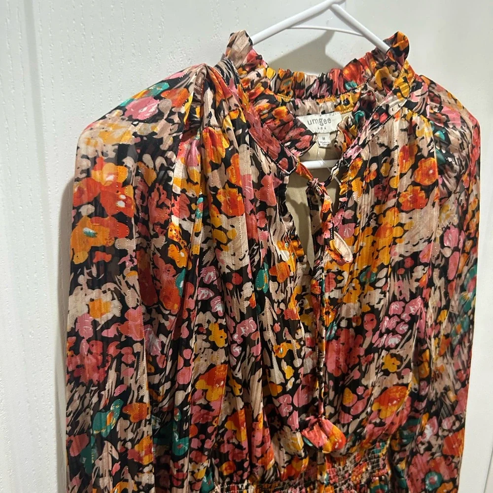 Umgee Women’s Floral Long Sleeve Tie-Neck Dress - Picture 5 of 12